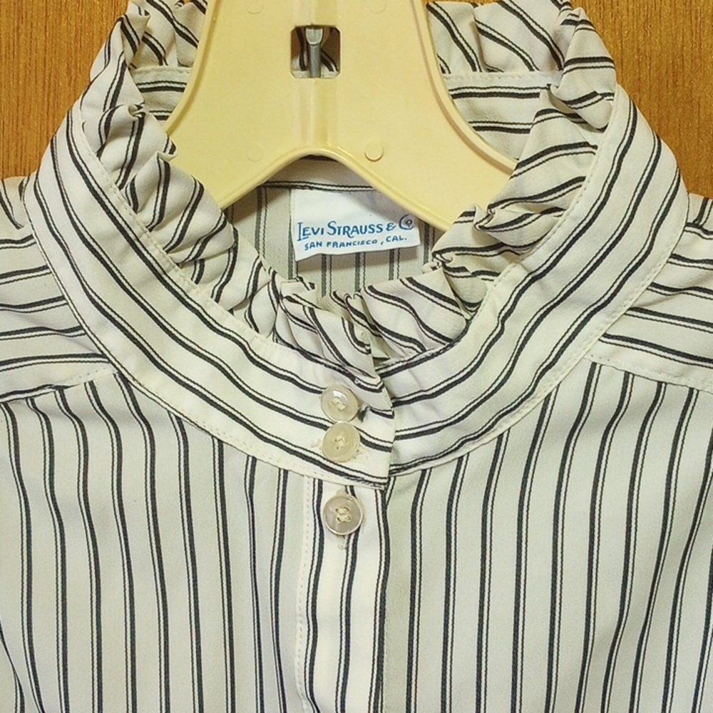 Levi Strauss Cream/White & Black Striped Polyester Vintage Blouse w/ High Neck - Picture 2 of 6